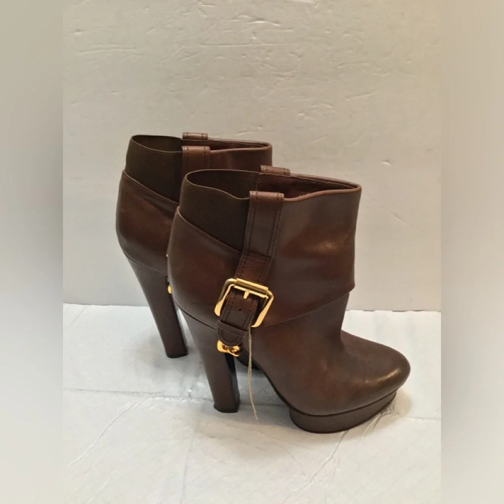 Donald J. Pliner Brown Leather Ankle Booties with Gold Buckle